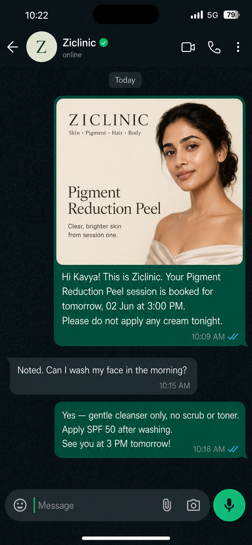 ClinicOS WhatsApp campaign — branded treatment reminder with pre-care instructions and a live two-way conversation